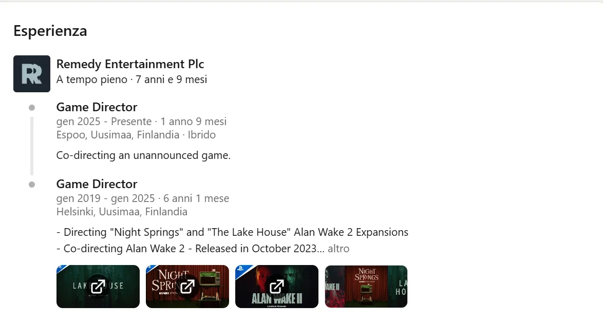 Il codirettore di Alan Wake 2 lavora a un gioco Remedy non annunciato? Lo dice il suo profilo LinkedIn 3 La voce del profilo LinkedIn di Kyle Rowley che indica la codirezione di un gioco Remedy non annunciato da gennaio 2025