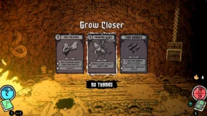 Un corridoio sotterraneo disegnato a mano in Shroom and Gloom, con creature fungine e le carte del mazzo in basso