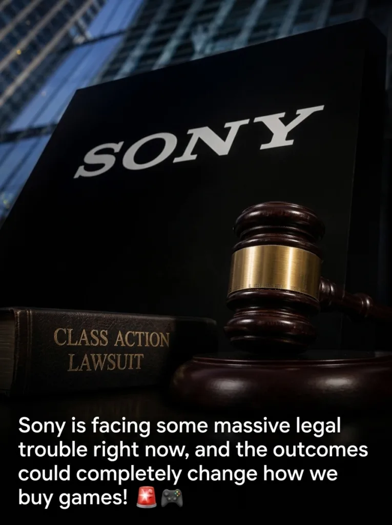 Il logo Sony su uno sfondo che richiama un'aula di tribunale, a illustrare la causa sul possesso dei giochi digitali