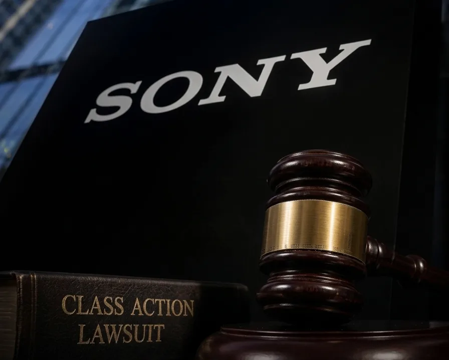 Il logo Sony su uno sfondo che richiama un'aula di tribunale, a illustrare la causa sul possesso dei giochi digitali