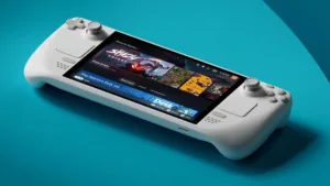 Uno Steam Deck bianco in edizione limitata visto di fronte, con lo schermo acceso