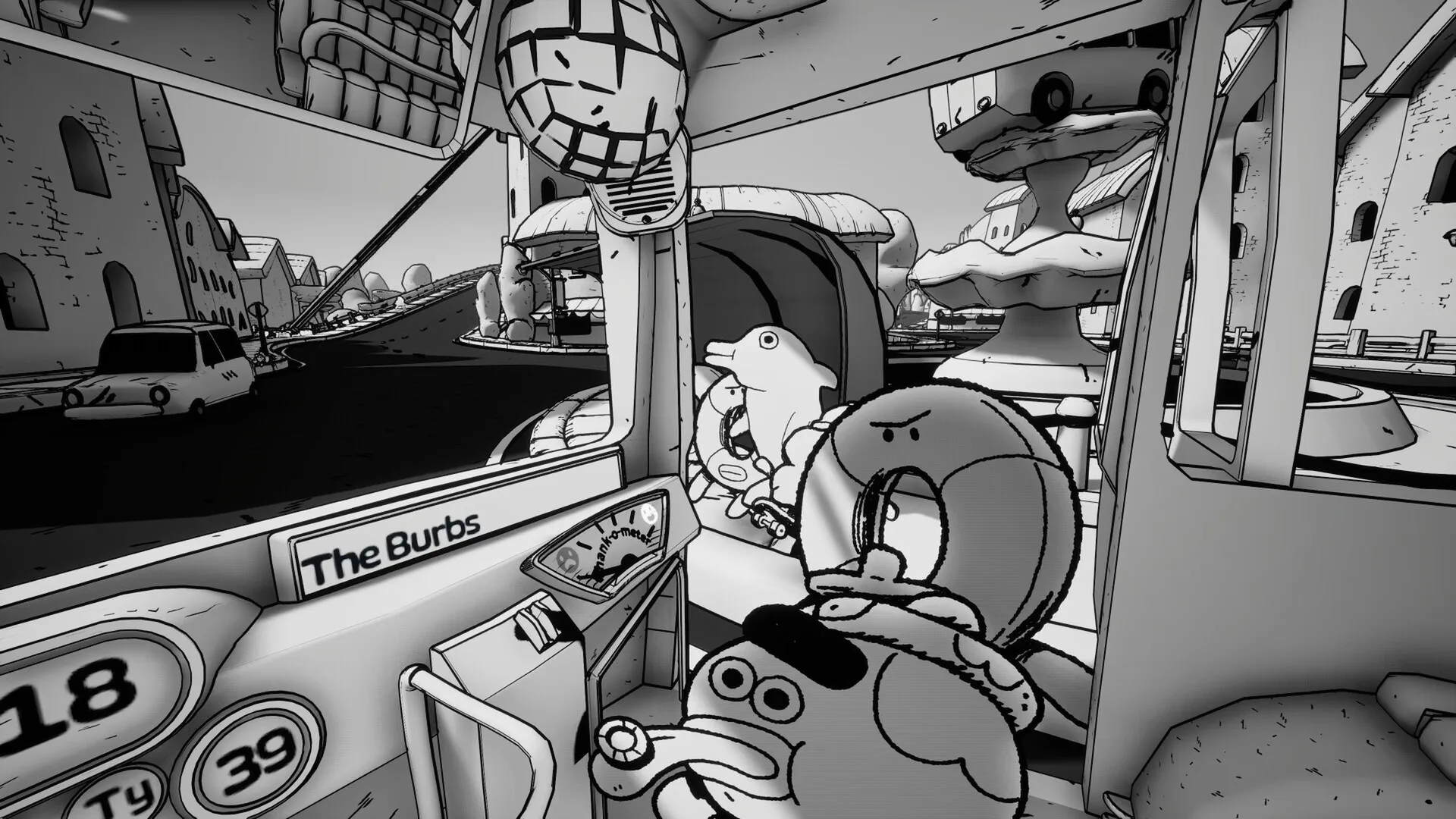 Il posto di guida in bianco e nero di Thank You Bus Driver, il gioco di Double Fine Action Labs