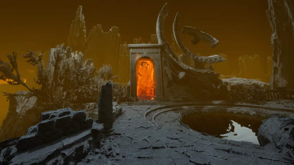 Uscite PC della settimana: Valheim chiude l'accesso anticipato, Wardogs lo apre 5 Una porta di pietra attraversata dal fuoco in un paesaggio di rovine in The Alighieri Circle: Dante's Bloodline