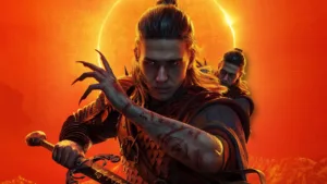 Coen, il protagonista di The Blood of Dawnwalker, con la spada davanti al sole e una sua seconda copia alle spalle