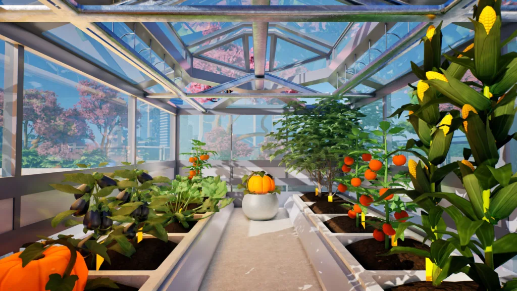 Un angolo dell'appartamento in Tiny Eden, con vasi di piante disposti sotto le lampade di coltivazione