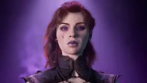 Tasha, l'arcimaga con cui Kaatri stringe il patto in Warlock: Dungeons & Dragons, di profilo su uno sfondo viola