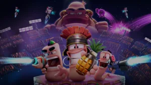 Una squadra di vermi in combattimento in un'arena tridimensionale di Worms Galactic Tactics