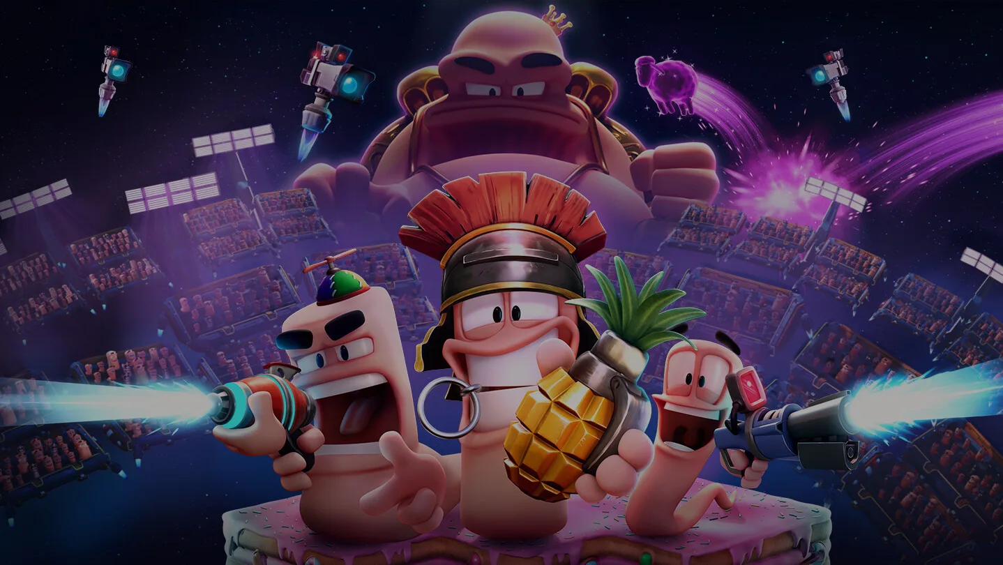 Una squadra di vermi in combattimento in un'arena tridimensionale di Worms Galactic Tactics