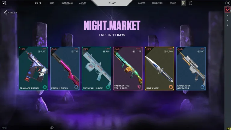 Valorant night market Una selezione di sei skin per armi casuali da un Valorant night market