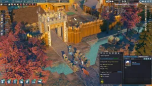 Un insediamento medievale visto dall'alto in Going Medieval, con abitanti al lavoro fra le costruzioni