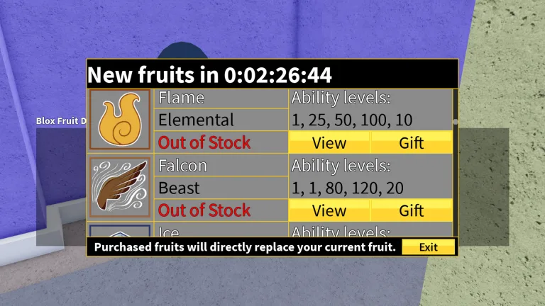 blox-fruits-stock-dealer-page La pagina dello stock di Blox Fruits che mostra due frutti esauriti.