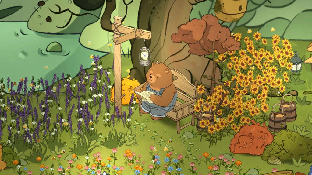 La fattoria di miele degli orsi Pawford in Bottled by Bears, con le arnie e il campo fiorito