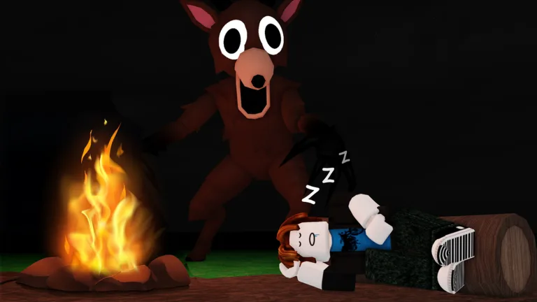 Un giocatore dorme accanto al fuoco mentre un cervo mostruoso lo guarda dal buio in 99 Nights in the Forest