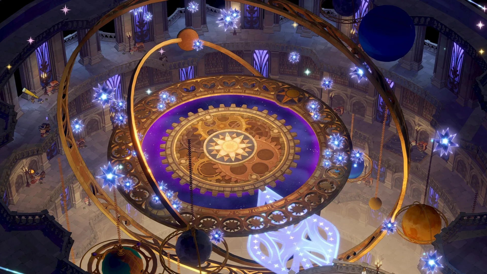 Un grande planetario con ingranaggi dorati e sfere luminose in AFK Journey
