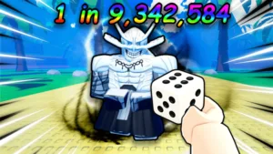 Una mano lancia un dado davanti a un guerriero mascherato nell'immagine ufficiale di Anime Dice su Roblox