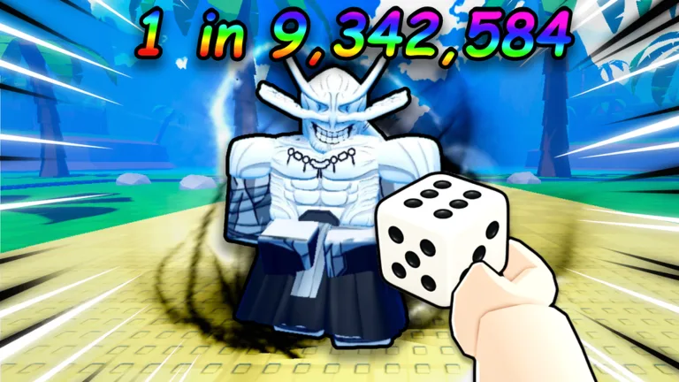Una mano lancia un dado davanti a un guerriero mascherato nell'immagine ufficiale di Anime Dice su Roblox