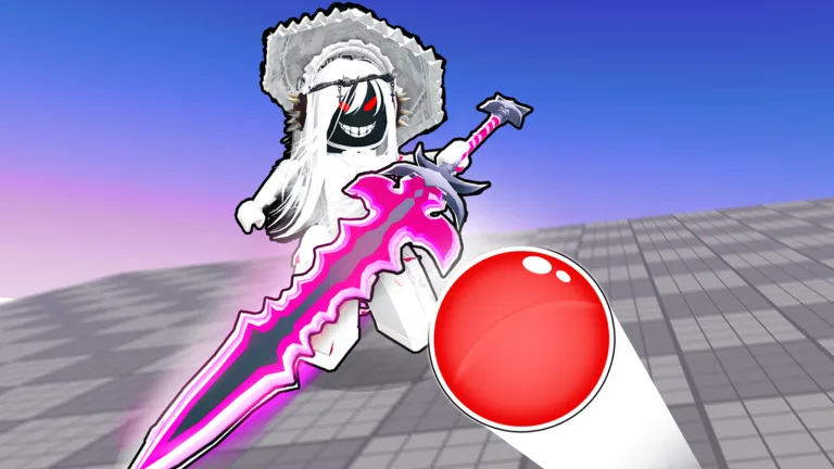 Un personaggio con una spada rosa respinge la palla rossa nell'immagine ufficiale di Blade Ball su Roblox