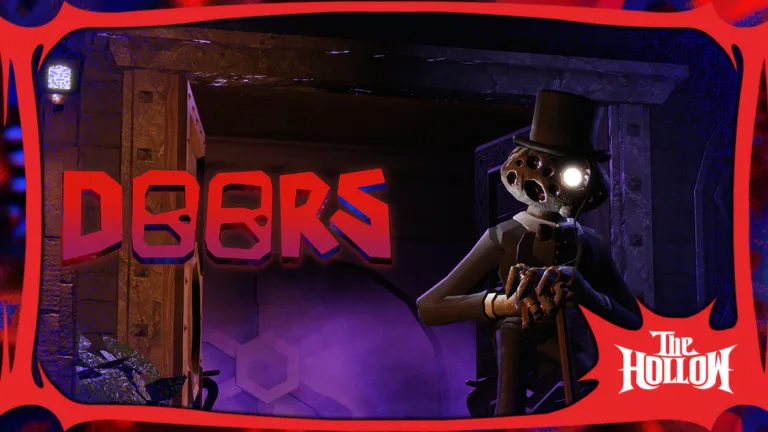 Il logo di Doors accanto a una creatura con cilindro e bastone nell'immagine ufficiale del gioco Roblox