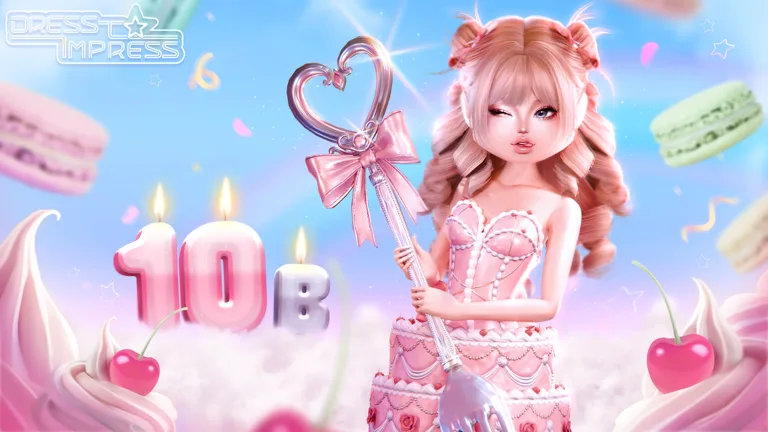 Un avatar vestito da torta con uno scettro a cuore festeggia i 10 miliardi di visite di Dress to Impress