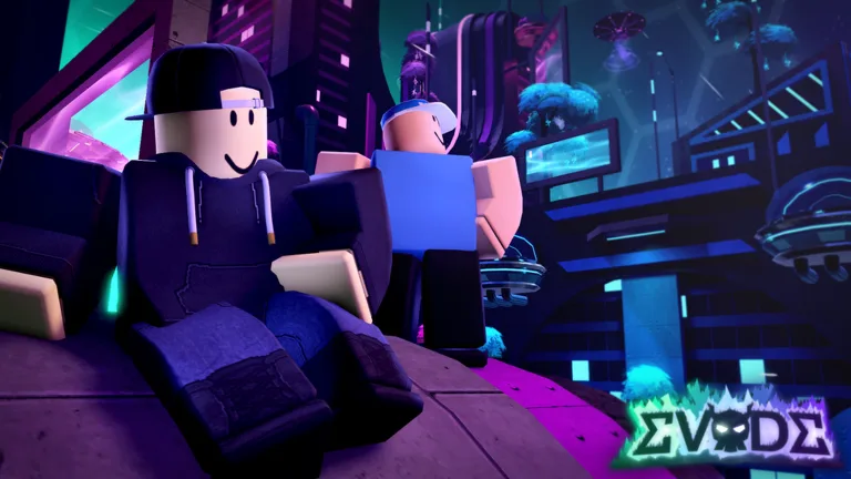 Due personaggi Roblox seduti su un tetto in una città al neon, immagine ufficiale di Evade