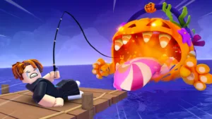 Un giocatore sul molo tira la canna mentre abbocca un pesce zucca gigante nell'immagine ufficiale di Fish It
