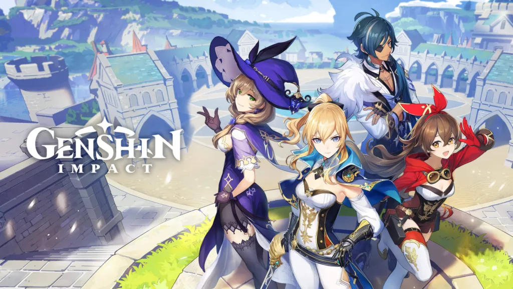 Lisa, Jean, Kaeya e Amber sulle mura di Mondstadt accanto al logo di Genshin Impact