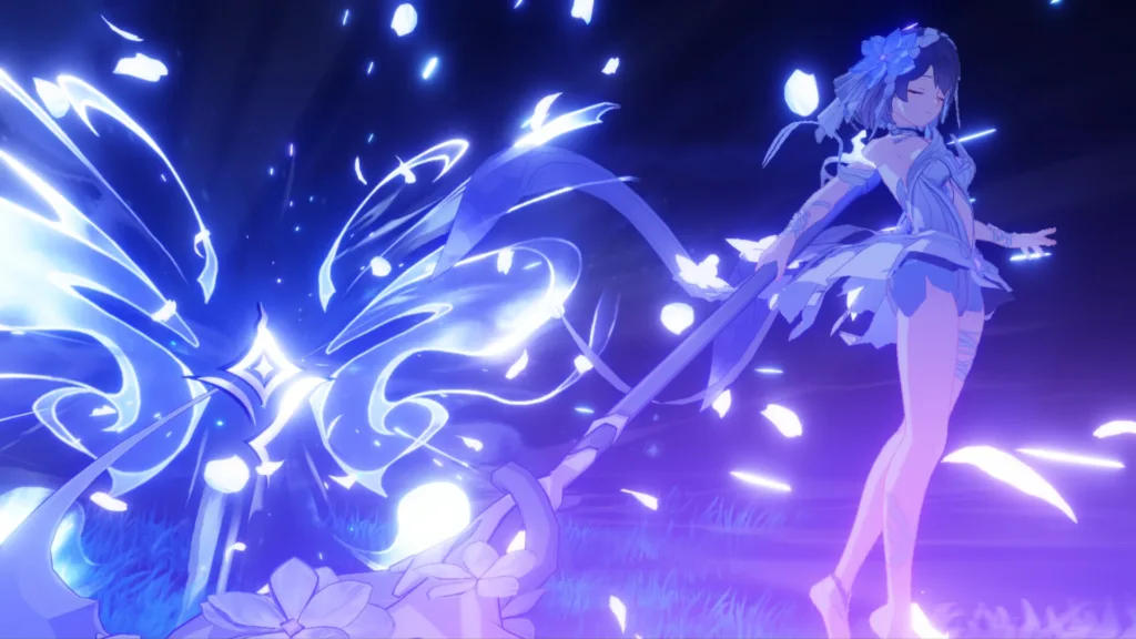 Una Valkyrie di Honkai Impact 3rd con una lancia avvolta da petali luminosi blu