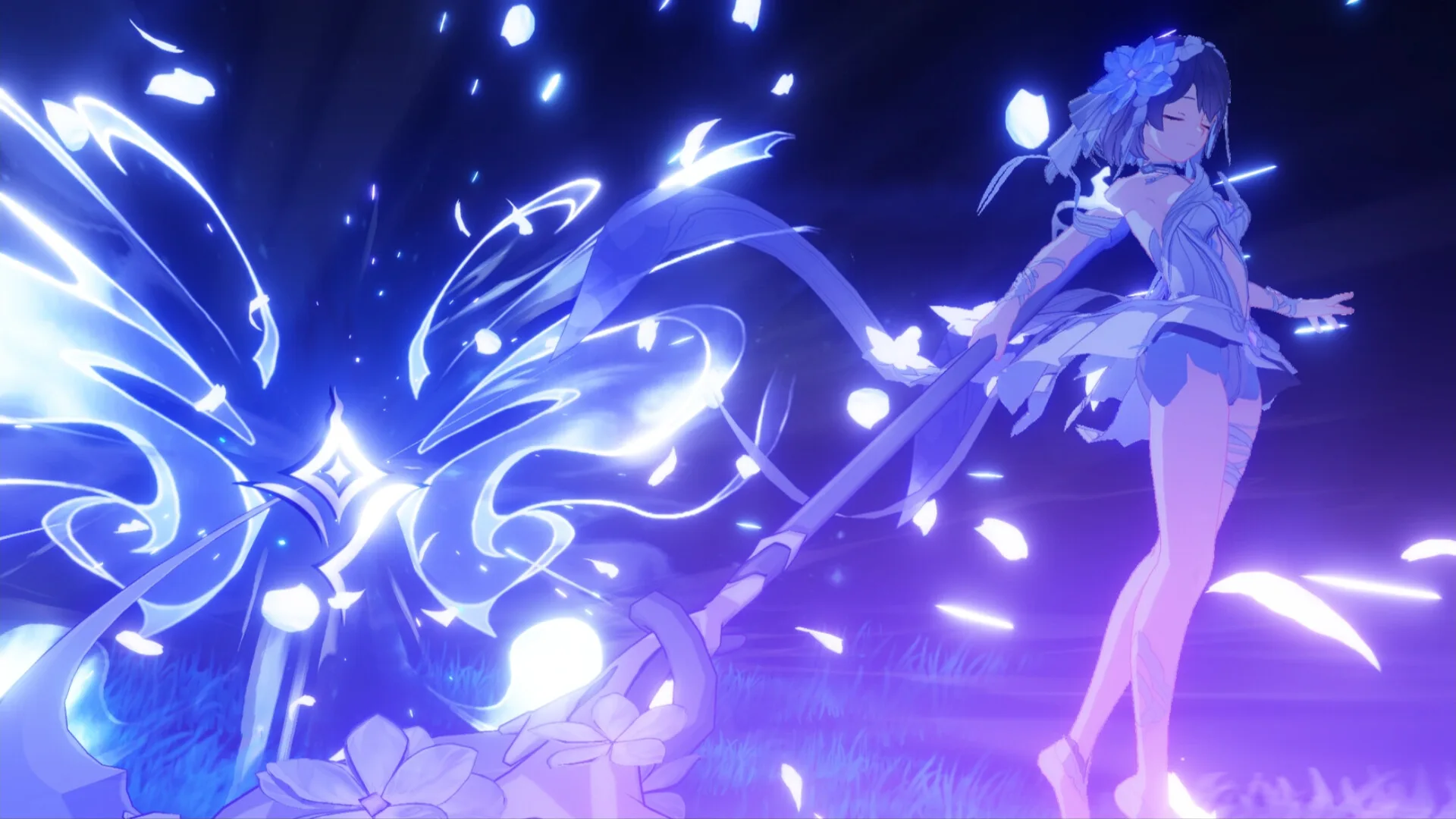 Una Valkyrie di Honkai Impact 3rd con una lancia avvolta da petali luminosi blu
