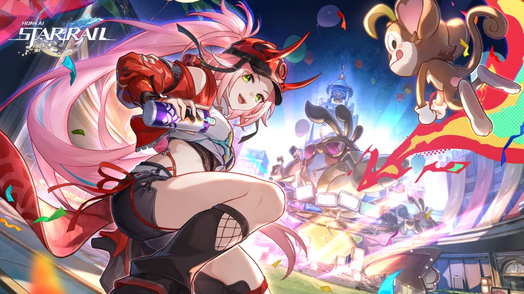 Una ragazza dai capelli rosa con una bomboletta spray salta fra coriandoli e palloncini nella key art di Honkai: Star Rail
