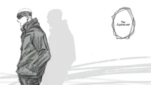 Disegno in bianco e nero di un personaggio con la benda sugli occhi, immagine ufficiale di Jujutsu Shenanigans