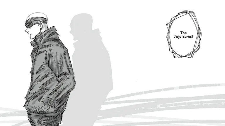 Disegno in bianco e nero di un personaggio con la benda sugli occhi, immagine ufficiale di Jujutsu Shenanigans