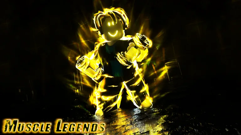 Un personaggio Roblox muscoloso avvolto da un'aura dorata, immagine ufficiale di Muscle Legends