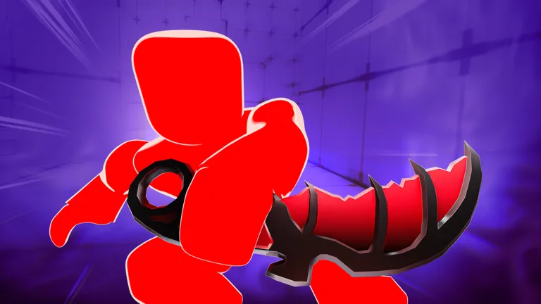 Un personaggio rosso impugna un coltello ricurvo nell'immagine ufficiale di Rivals su Roblox