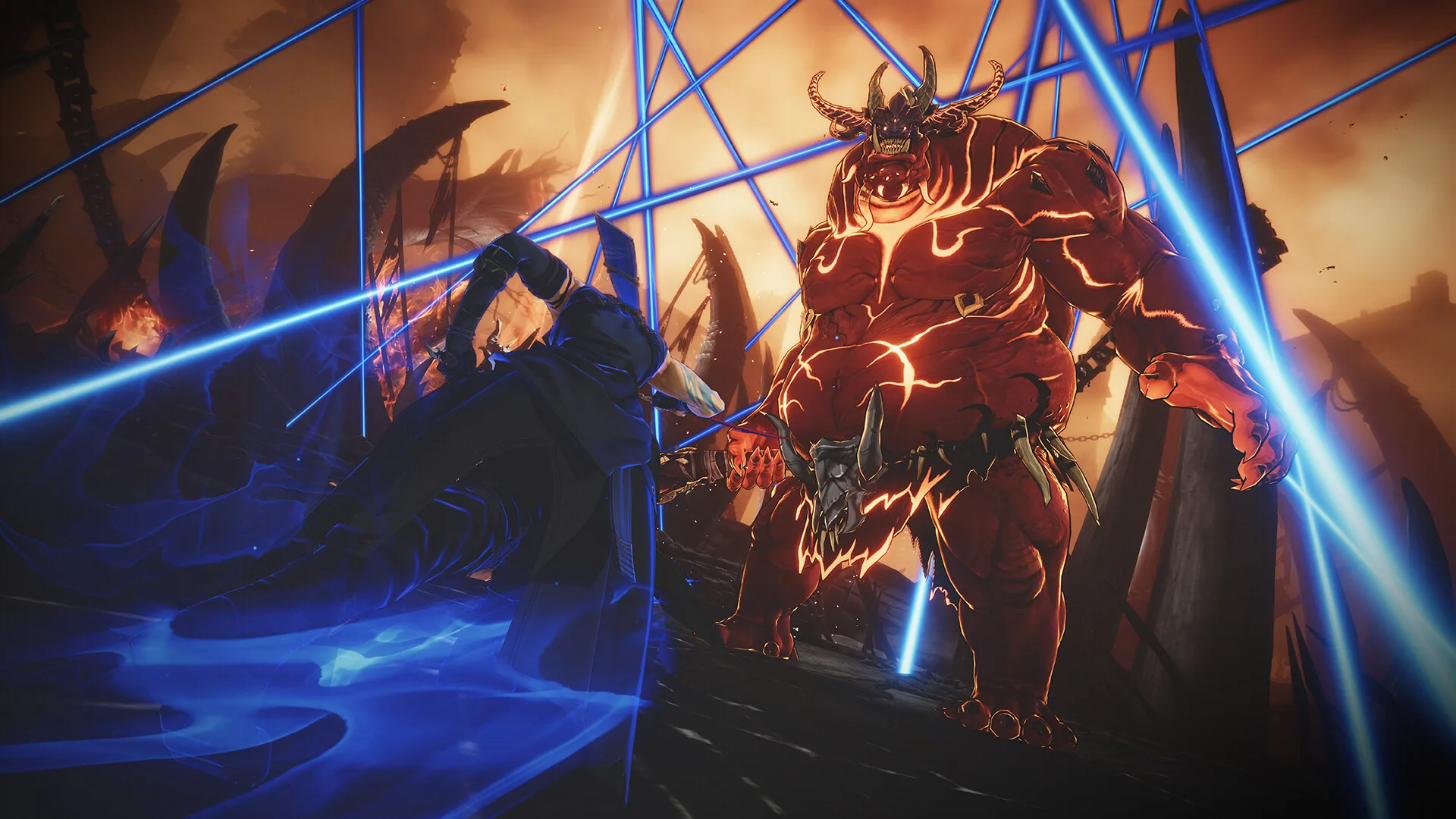 Un cacciatore affronta un gigantesco demone rosso fra fasci di luce blu in Solo Leveling: Arise