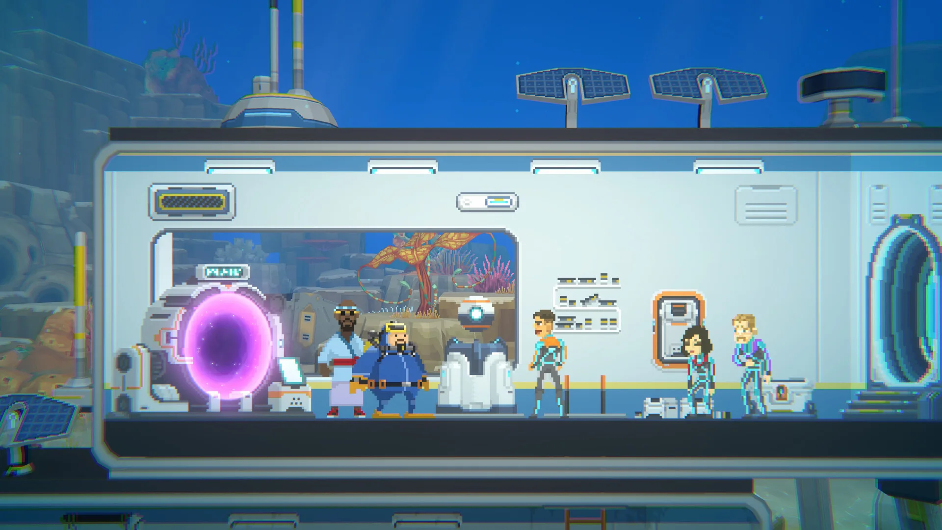 Il portale luminoso dentro una base sottomarina nel contenuto aggiuntivo di Dave the Diver dedicato a Subnautica 2