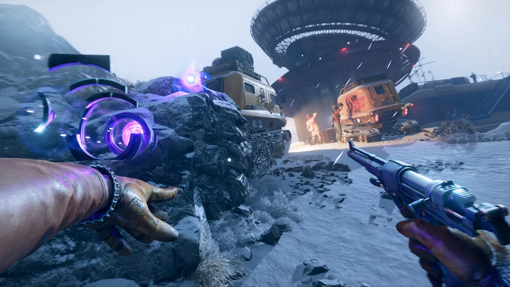 Un personaggio di Deathloop impugna una pistola in una strada di Blackreef