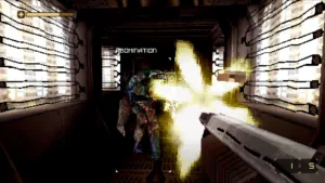 Un corridoio stretto illuminato male nello sparatutto retrò DERELIKT, in demo allo Steam Next Fest