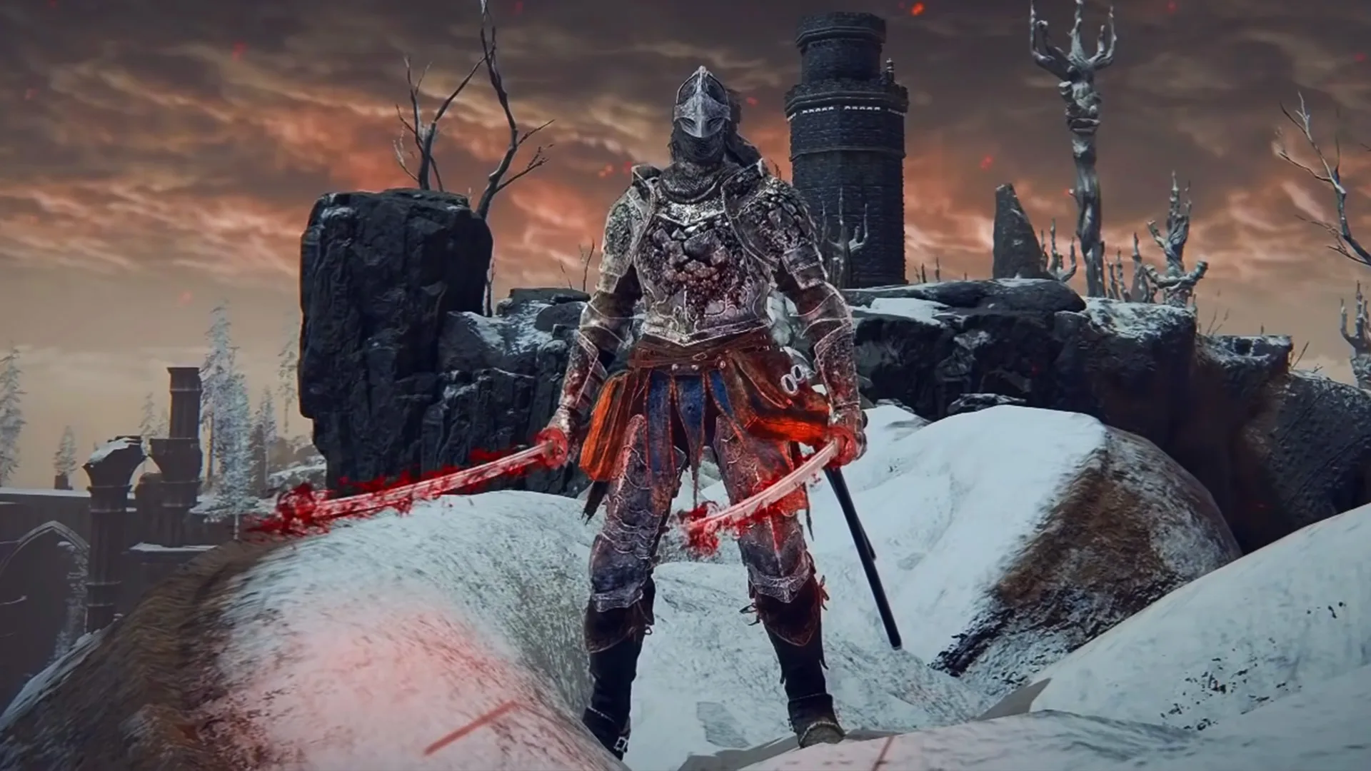 elden-ring-builds-best-blood-loss-samurai Elden Ring build: un samurai che brandisce due Uchigatana coperte di sangue