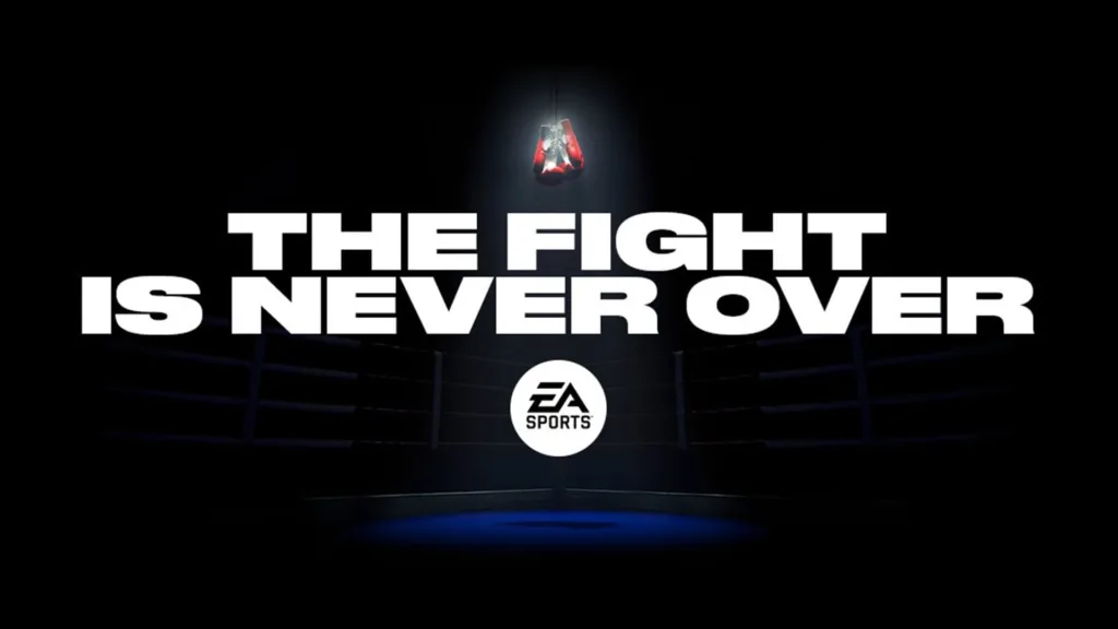 Un paio di guantoni da boxe appesi sopra un ring vuoto nell'immagine con cui EA Sports ha annunciato il ritorno di Fight Night