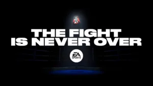 Un paio di guantoni da boxe appesi sopra un ring vuoto nell'immagine con cui EA Sports ha annunciato il ritorno di Fight Night