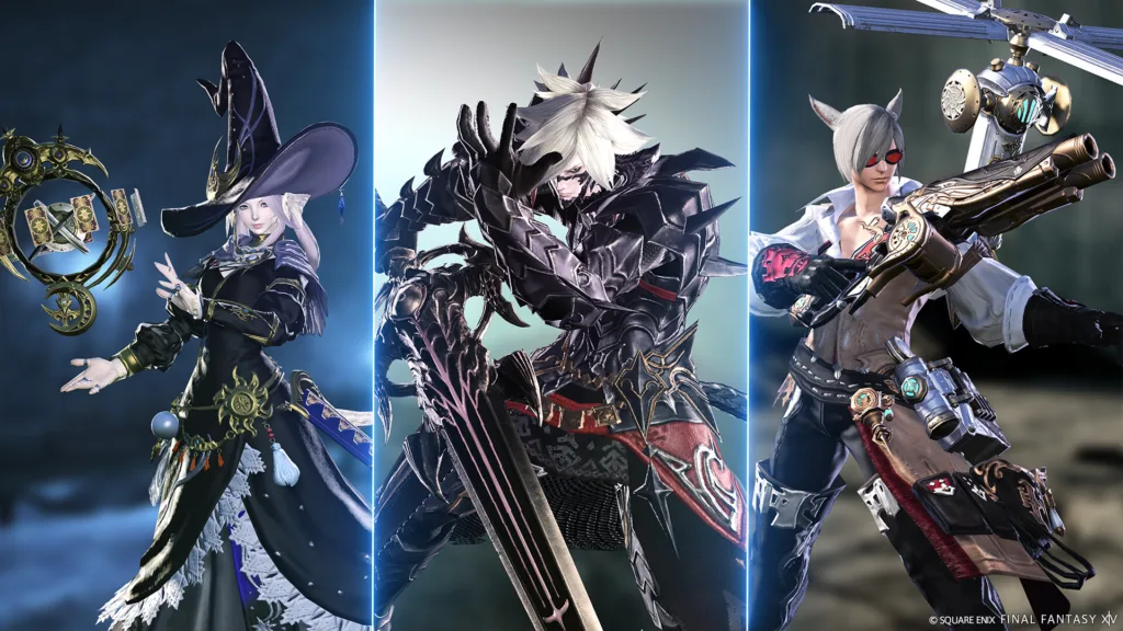 Tre personaggi di Final Fantasy XIV affiancati: un'astrologa con carte e anello dorato, un cavaliere oscuro con una spada enorme e un macchinista con fucile e drone