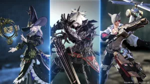 Tre personaggi di Final Fantasy XIV affiancati: un'astrologa con carte e anello dorato, un cavaliere oscuro con una spada enorme e un macchinista con fucile e drone