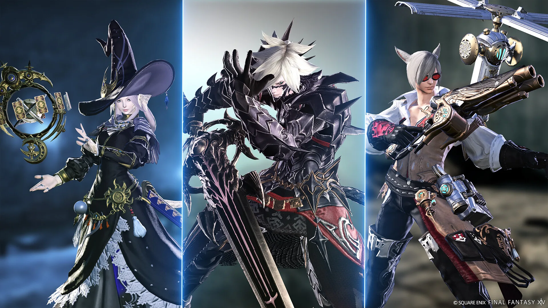 Tre personaggi di Final Fantasy XIV affiancati: un'astrologa con carte e anello dorato, un cavaliere oscuro con una spada enorme e un macchinista con fucile e drone