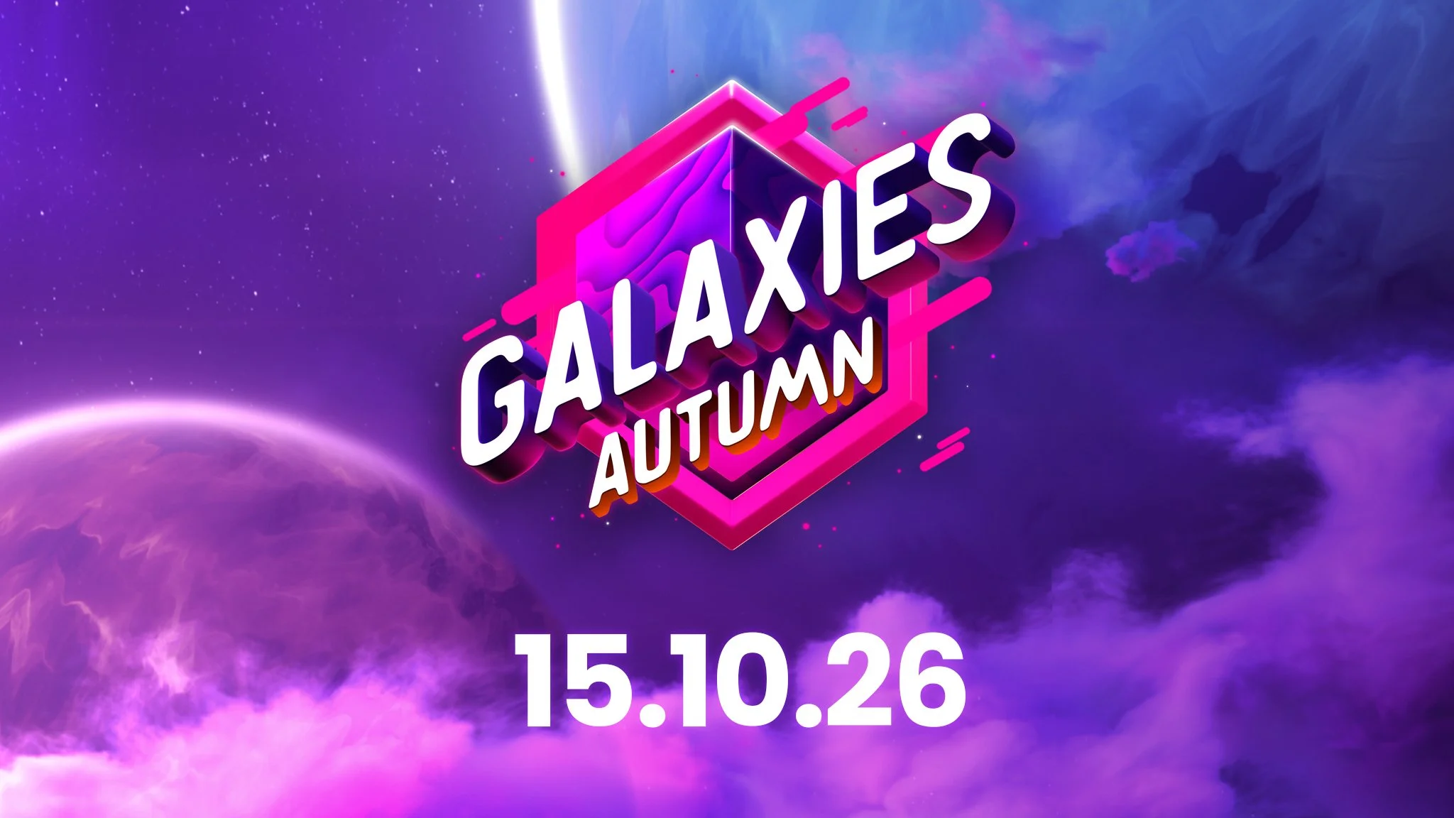 Il logo del Galaxies Showcase d'autunno su un cielo viola con un pianeta, e la data 15.10.26