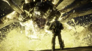 Un soldato di Gears of War: Reloaded imbraccia il fucile dietro una copertura
