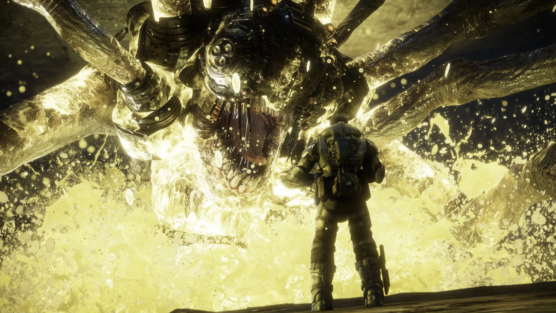 Un soldato di Gears of War: Reloaded imbraccia il fucile dietro una copertura