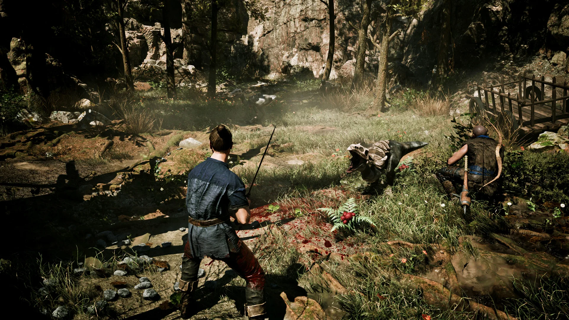gothic-remake-gameplay-combat-open-world-rpg Gothic Remake - the player holds up a sword tentatively.