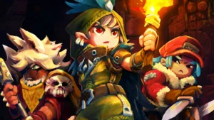 Tre avventurieri di Hytale illuminano una caverna con una torcia