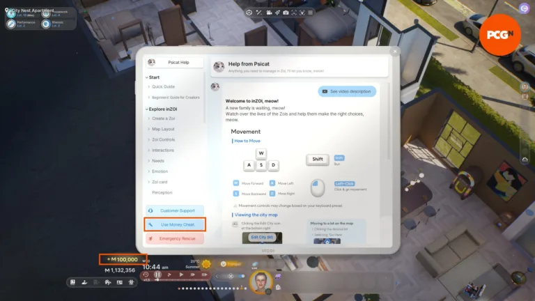 Il pulsante del trucco per ottenere denaro in InZOI e un aumento di 100.000 miagolii sono stati evidenziati in uno screenshot di InZOI.