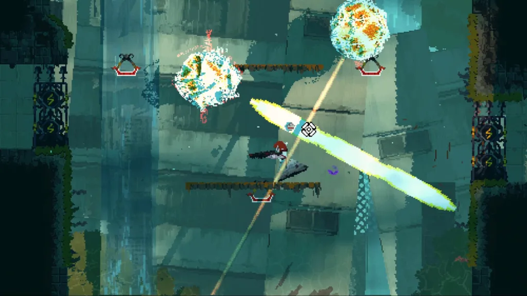 Nel metroidvania col rampino Iron Bramble si vola per trenta secondi, poi si muore per un ripensamento 2 Una scena di Iron Bramble, con la protagonista appesa al rampino elastico dentro la megastruttura cyber gotica